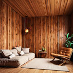 **Warm Natural Wallpaper**: Create an image of a cozy interior room featuring wallpaper with a wood texture. The room should evoke a sense of being in a forest, with warm lighting and natural elements to enhance the inviting atmosphere.